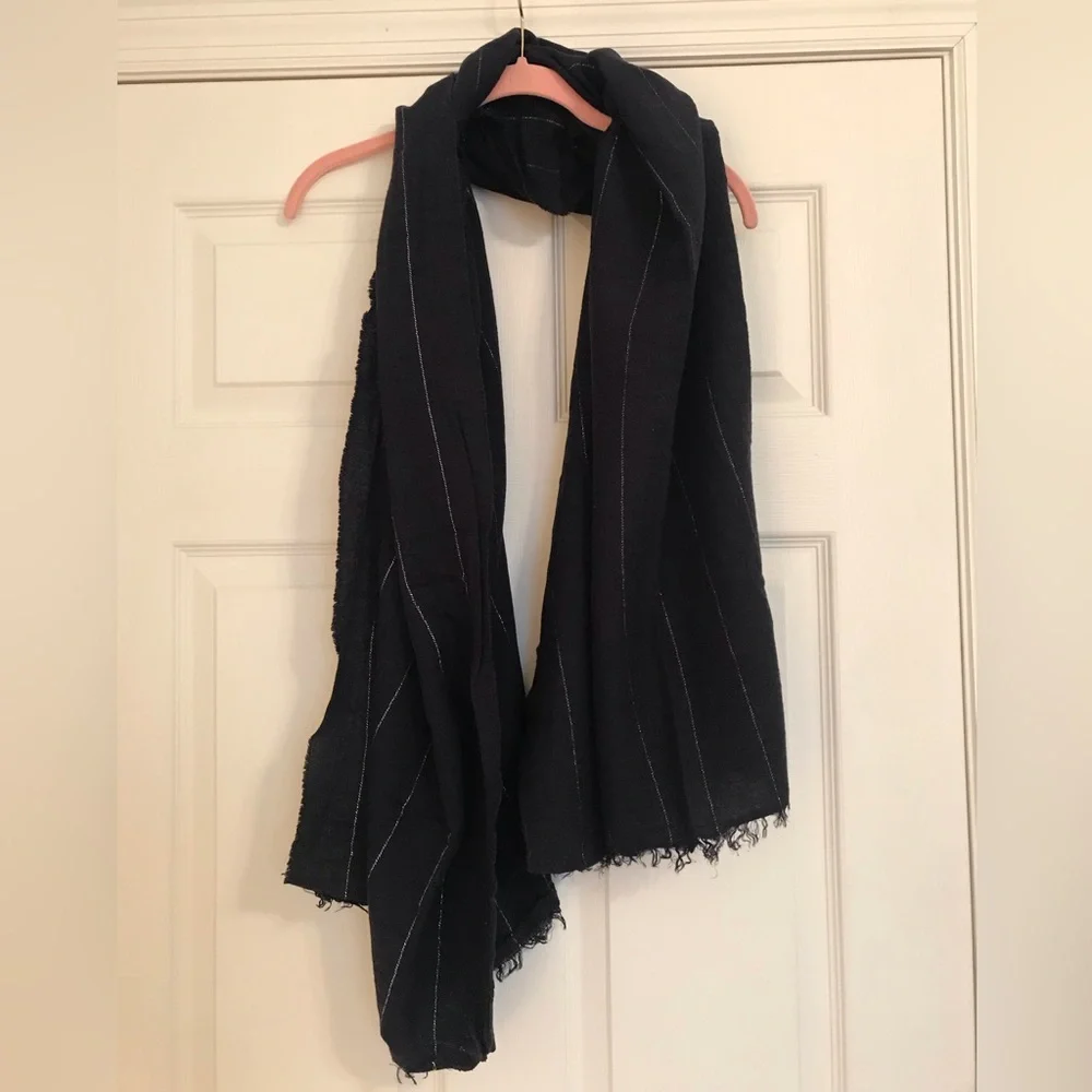 J.Crew Navy Blue Scarf with Silver Stripes & Fringe Made in Italy Italian Scarf - Picture 1 of 3